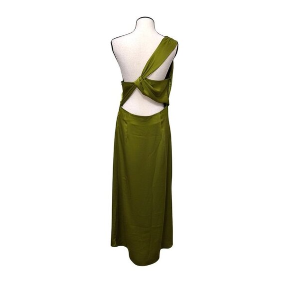 Commense Womens One-Shoulder Twist-Back Olive Green Satin Maxi Dress Sz L Event - Picture 2 of 8